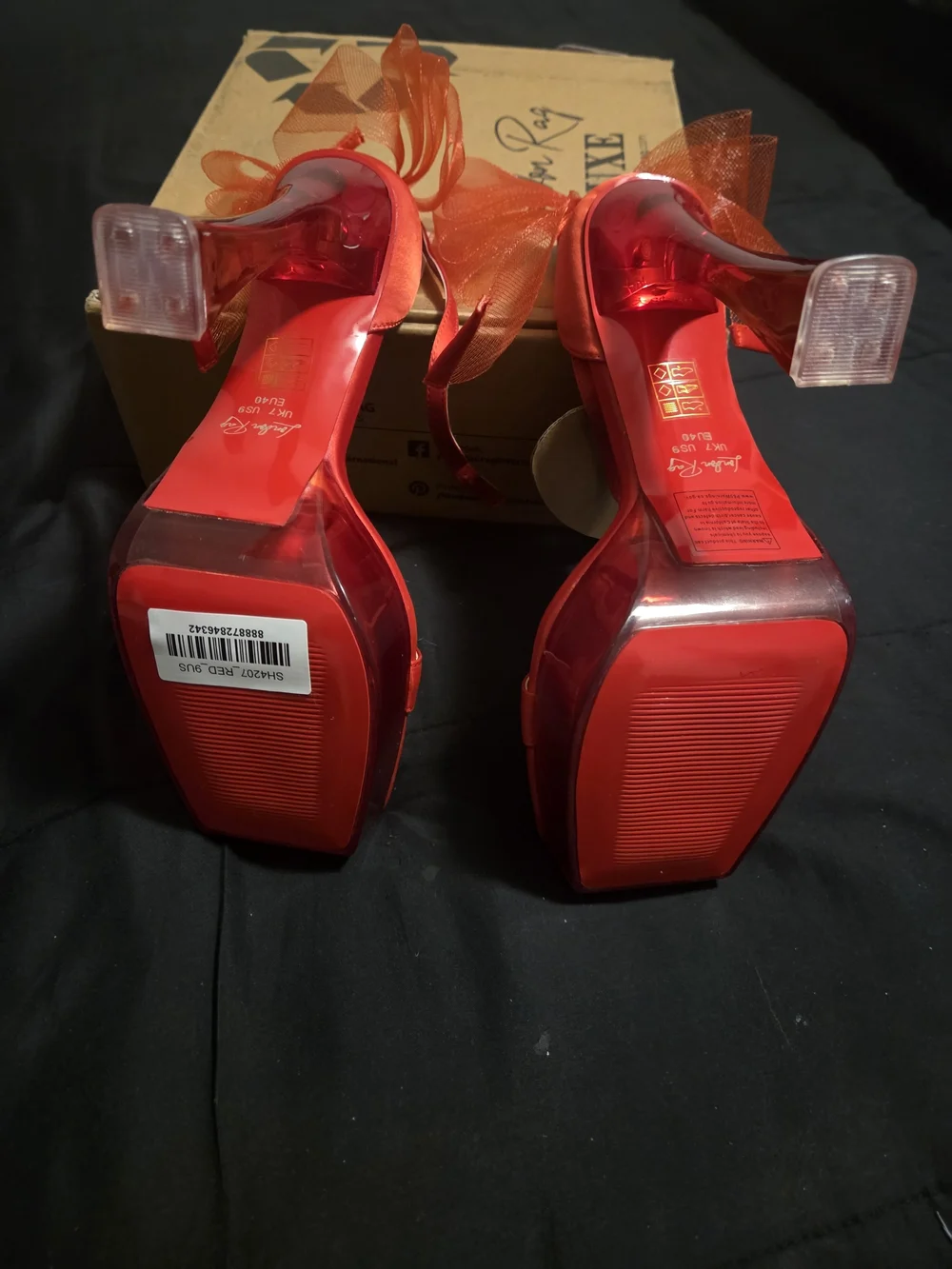 Red Platform Ankle-Strap Heels with Tulle Accent
